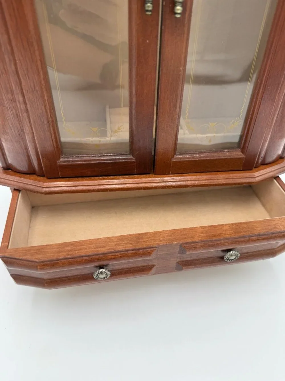 Vintage Wooden Jewelry Box Glass Doors Drawer 90's Storage Drawer